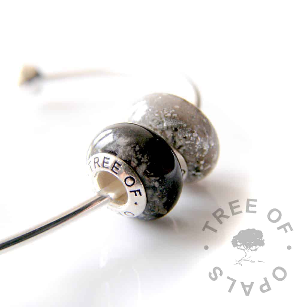 cremation ash charm bead black resin and shimmer, white resin and silver leaf charm duo