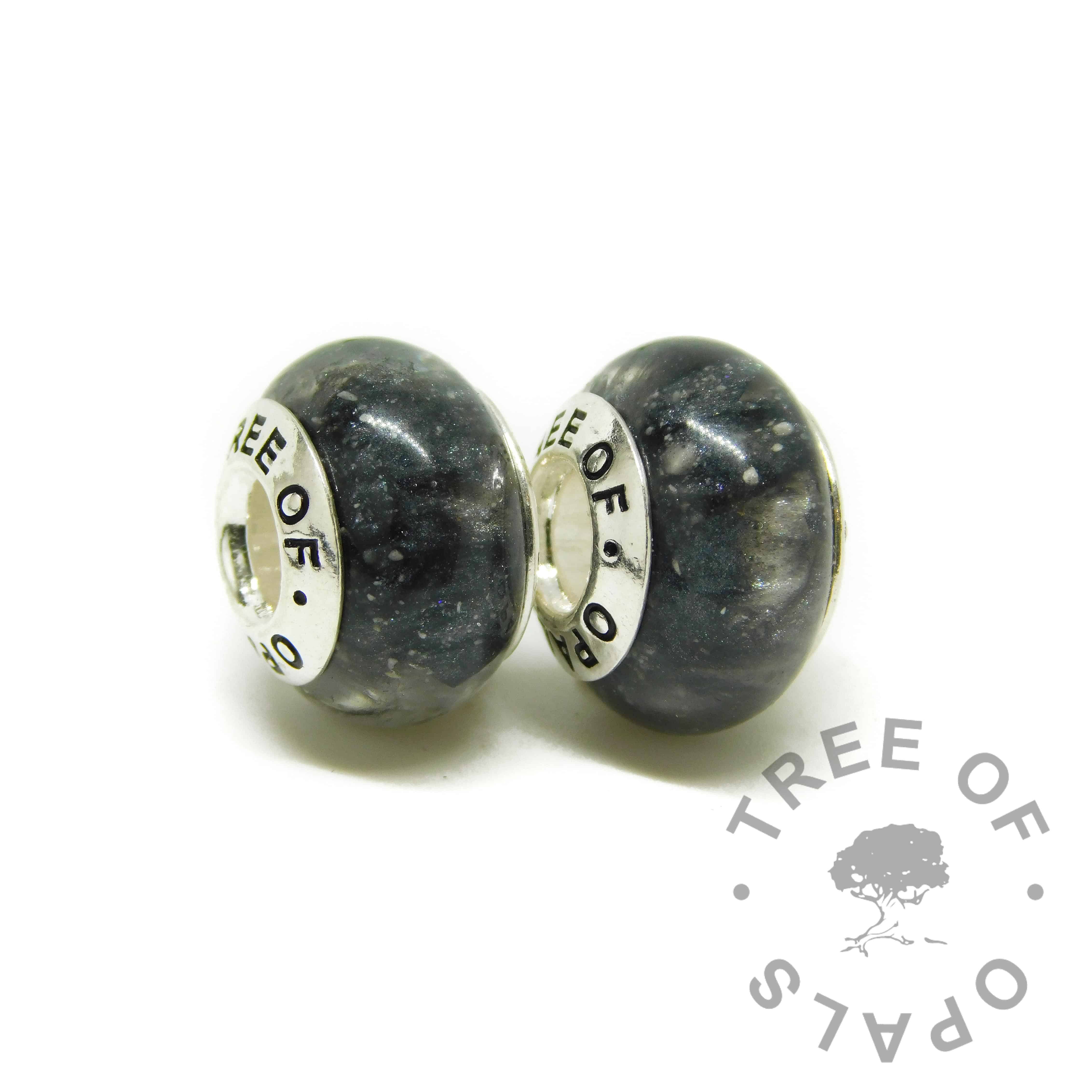 ashes charm duo with Tree of Opals core, vampire black resin sparkle mix cremation ashes charm beads