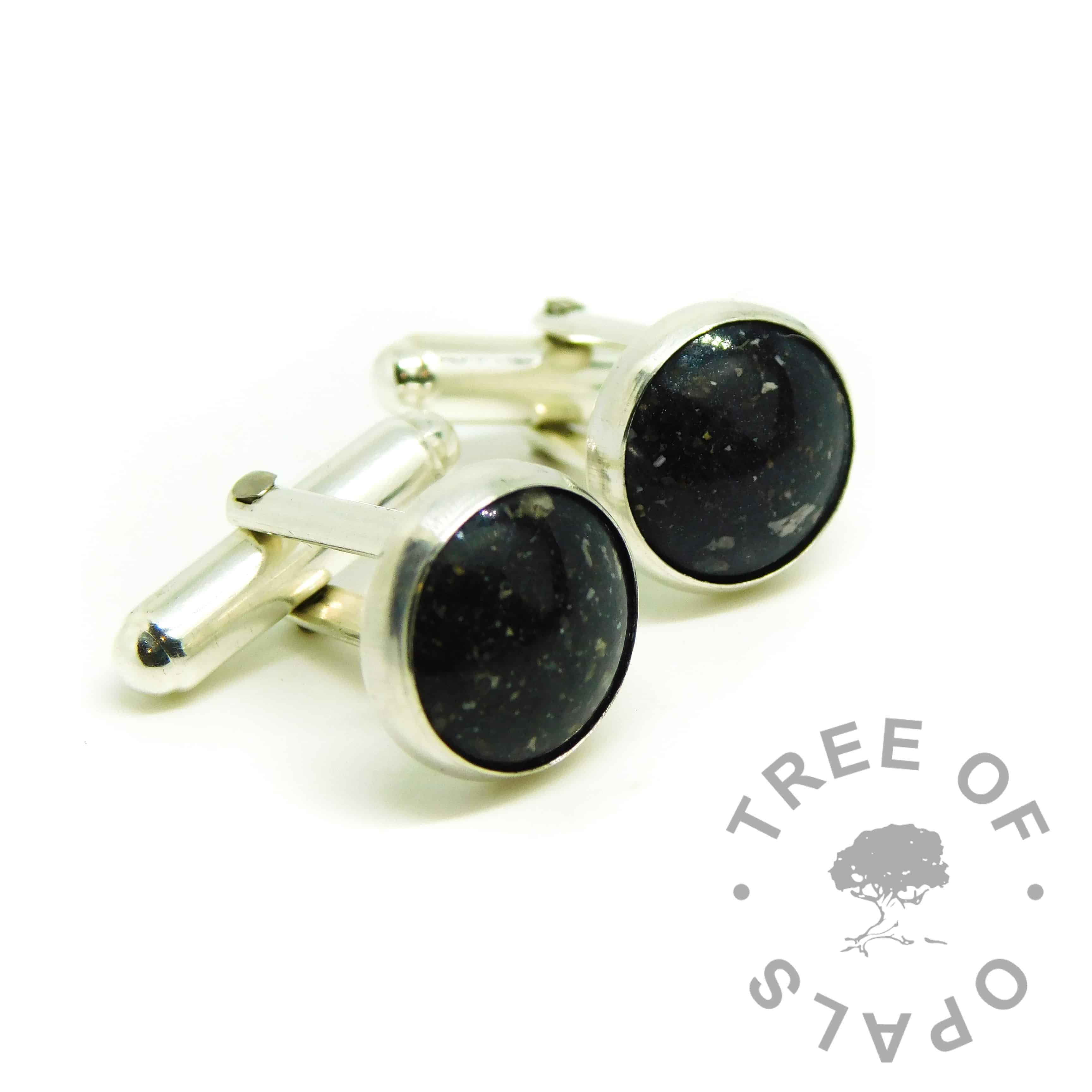 cremation ashes cufflinks with Vampire Black Resin Sparkle Mix