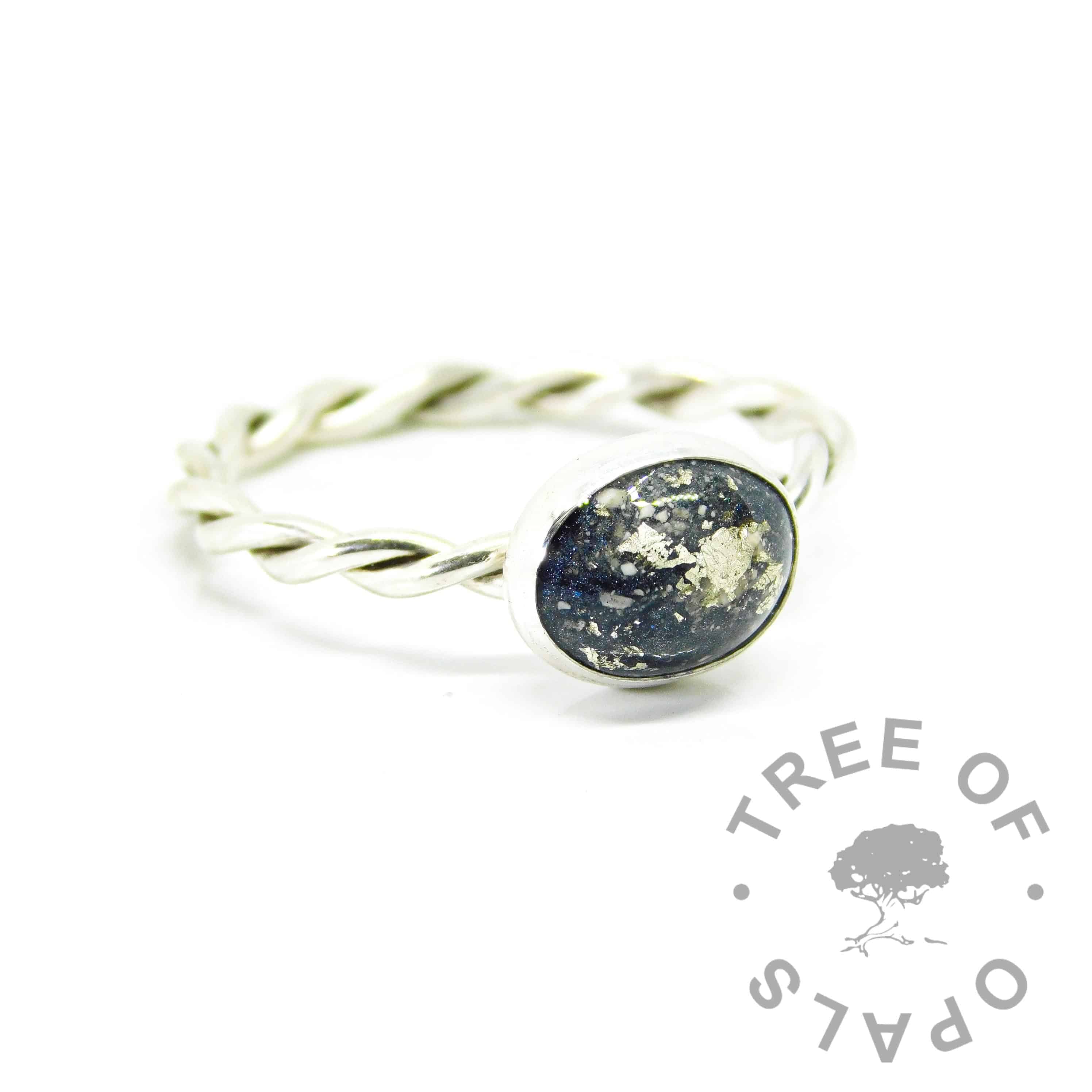 Ashes ring on twisted band with vampire black resin sparkle mix with white gold leaf