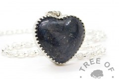 New style heart necklace setting with scalloped edge. Vampire black resin sparkle mix, shown with a medium classic chain upgrade