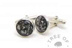 cremation ash cufflinks vampire black sparkle mix, groom jewellery for weddings, solid sterling silver handmade cufflink settings with 12mm cabochons