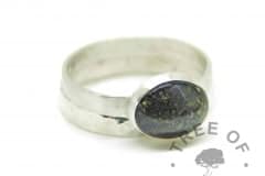ring stack with vampire black umbilical cord ring on brushed wire band with textured stacking ring (cremation ash ring). Solid sterling EcoSilver handmade ring. 10x8mm bezel cup rubbed over the cabochon for security.