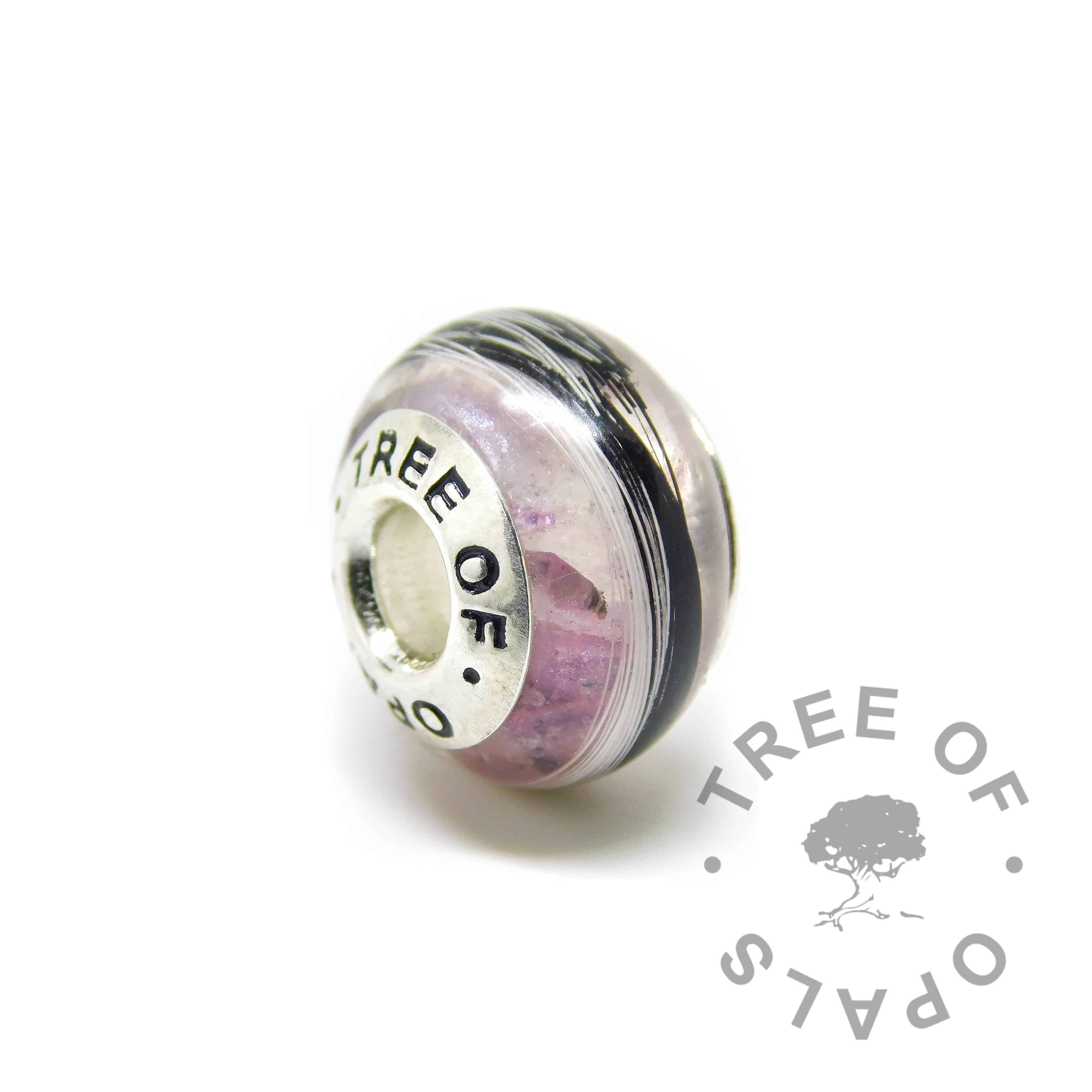orchid purple horse hair charm bead with solid sterling silver Tree of Opals core on white background watermarked image
