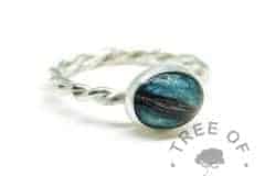 teal fur ring twisted band. Memorial ring from Tree of Opals with solid sterling EcoSilver band