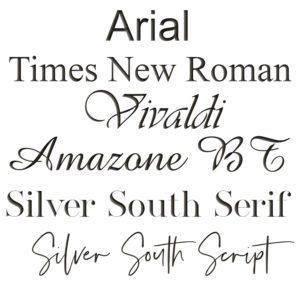 Tree of Opals Engraving Fonts Arial, Times New Roman, Vivaldi, Amazone BT, Silver South Serif and Silver South Script
