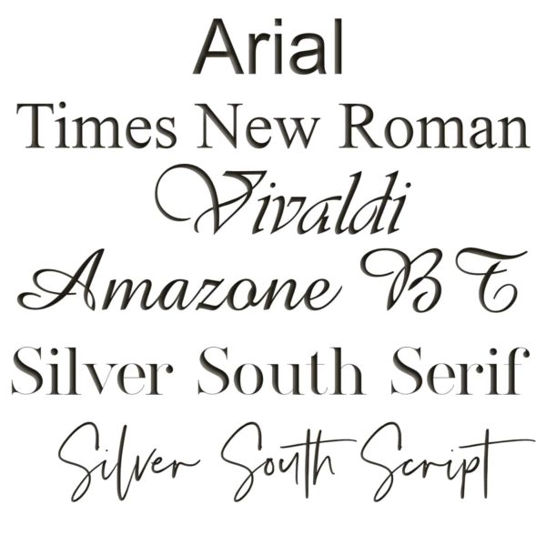 Tree of Opals Engraving Fonts Arial, Times New Roman, Vivaldi, Amazone BT, Silver South Serif and Silver South Script