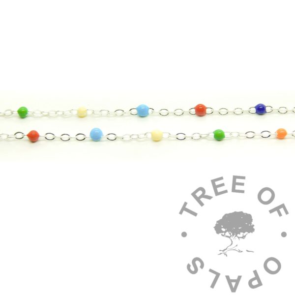 Diverse Loose Rainbow Enamel Necklace, rainbow chain in ethical recycled 925 solid sterling silver. For permanent jewellery making in the UK and around the world. Bright coloured beads in acrylic enamel. Available in any length necklace