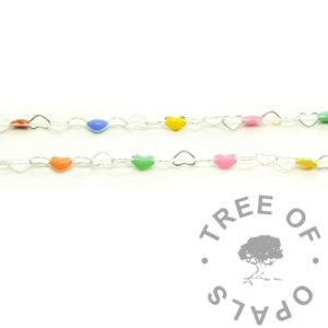 Colour Necklace Chains Heart Rainbow Enamel Necklace, rainbow chain in ethical recycled 925 solid sterling silver. For permanent jewellery making in the UK and around the world. Bright coloured hearts in acrylic enamel.