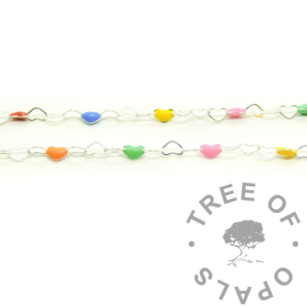 Colour Necklace Chains Heart Rainbow Enamel Necklace, rainbow chain in ethical recycled 925 solid sterling silver. For permanent jewellery making in the UK and around the world. Bright coloured hearts in acrylic enamel.
