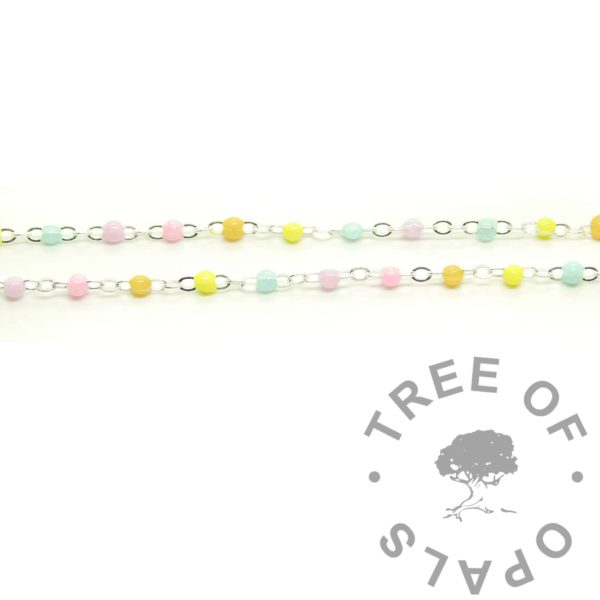 Rachel Pastel Enamel Chain, solid sterling silver, coloured chain in ethical recycled real 925 silver. For jewellery in the UK and around the world. Pale rainbow orbs in acrylic enamel.