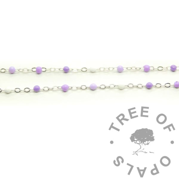 Grace Purple Enamel Chain, solid sterling silver, Loose coloured chain in ethical recycled real 925 silver. For jewellery in the UK and around the world. Pale purple orbs in acrylic enamel.