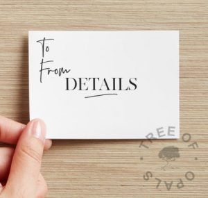 Tree of Opals gift certificate back. This can be sent on its own or with a kit for cremation ash, hair or finger and handprints