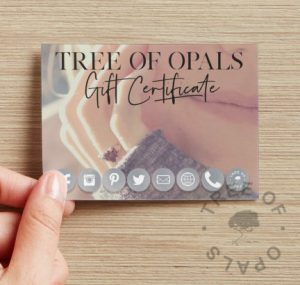 Tree of Opals gift certificate front. This can be sent on its own or with a kit for cremation ash, hair or finger and handprints