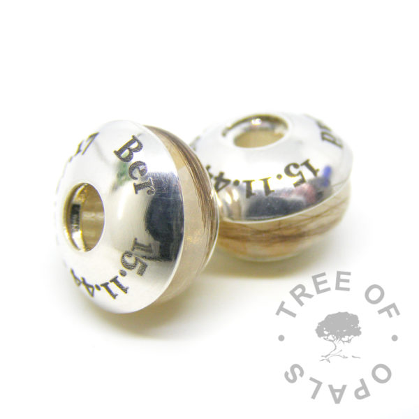 laser engraved charm washer duo with two lock of hair charms for Pandora bracelets Tree of Opals