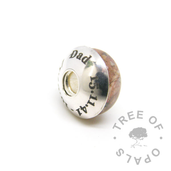 laser engraved charm washer side view (date changed for privacy) for resin and lampwork charm beads and Pandora bracelets. Stoppers recommended to secure