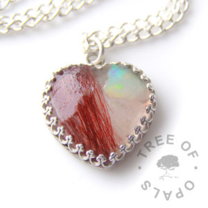 Hair Crown Heart Necklace opal clear lock of hair heart necklace red hair, October birthstone genuine opal slice Tree of Opals