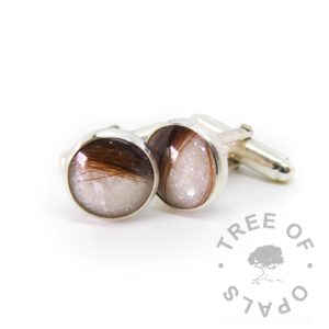lock of hair cufflinks unicorn white sparkle mix, 12mm cabochons with memorial hair, handmade by Tree of Opals wedding jewellery for grooms
