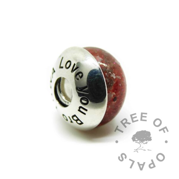 cremation ash charm dragon's blood red with Tree of Opals core and engraved charm washer
