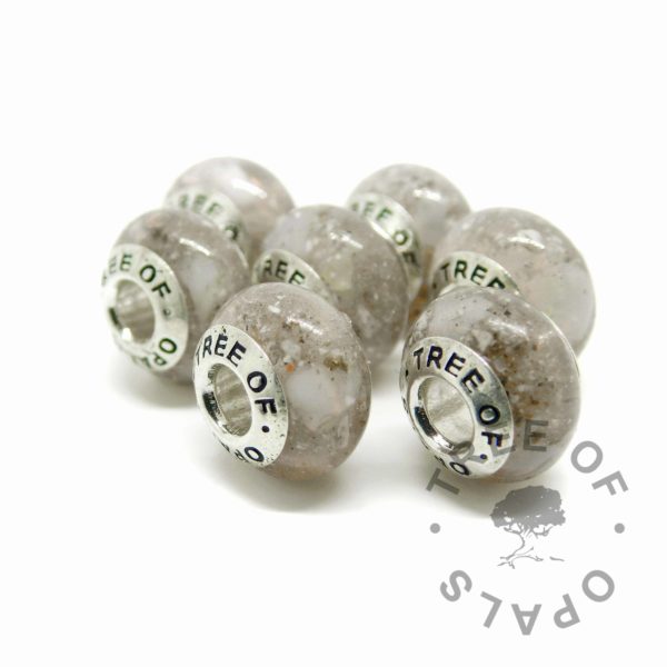 cremation ash charm sept, seven charms, unicorn white sparkle mix, October birthstone genuine opal slices, solid silver Tree of Opals core