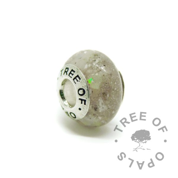 cremation ash charm unicorn white sparkle mix, October birthstone genuine opal slices, solid silver Tree of Opals core