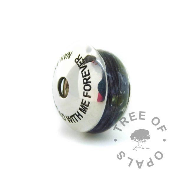 engraved charm washer with vampire black cremation ash charm. Arial font in all-caps requested by client.