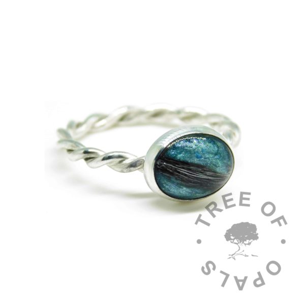teal fur ring twisted band. Memorial ring from Tree of Opals with solid sterling EcoSilver band