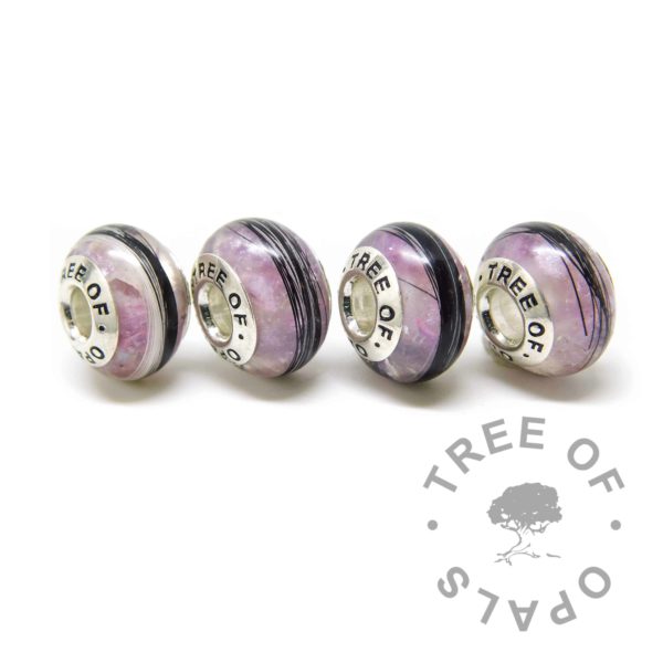 orchid purple horse hair quad of charm beads with solid sterling silver Tree of Opals core on white background watermarked image