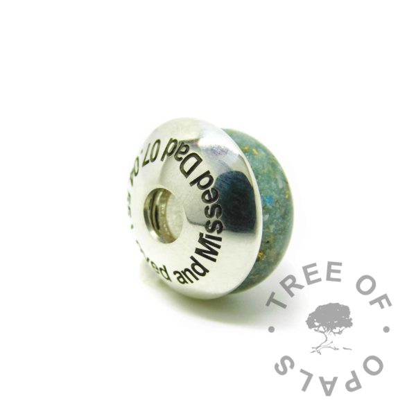 Arial font engraved charm washer, memorial charm shown with washer. Washers are not attached to charms, sold separately. Handmade with solid sterling EcoSilver, 925 stamped on the back. Watermarked copyright Tree of Opals memorial jewellery image
