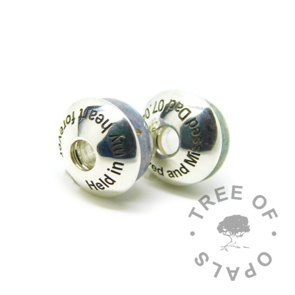 Arial font engraved charm washers, memorial charm duo (two charms, two washers). Washers are not attached to charms, sold separately. Handmade with solid sterling EcoSilver, 925 stamped on the back. Watermarked copyright Tree of Opals memorial jewellery image