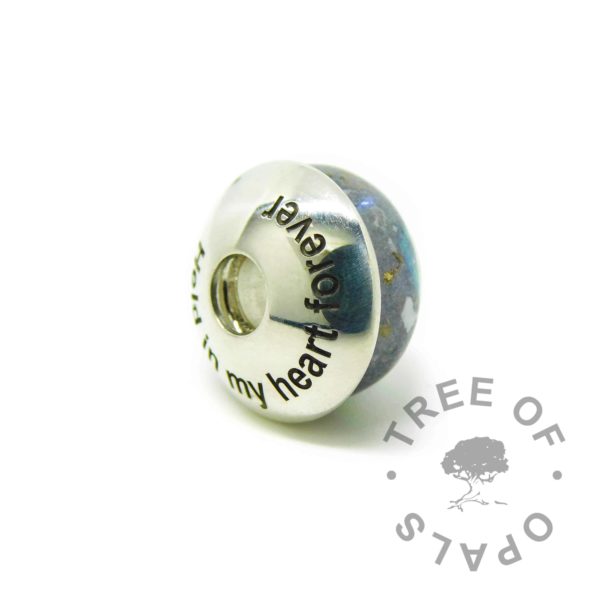 Arial font engraved charm washer, memorial charm shown with washer. Washers are not attached to charms, sold separately. Handmade with solid sterling EcoSilver, 925 stamped on the back. Watermarked copyright Tree of Opals memorial jewellery image