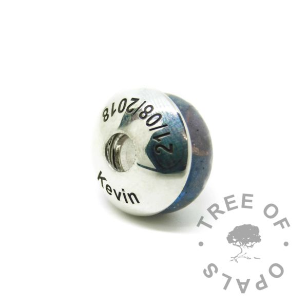 Arial font engraved charm washer, memorial charm shown with washer. Washers are not attached to charms, sold separately. Handmade with solid sterling EcoSilver, 925 stamped on the back. Watermarked copyright Tree of Opals memorial jewellery image