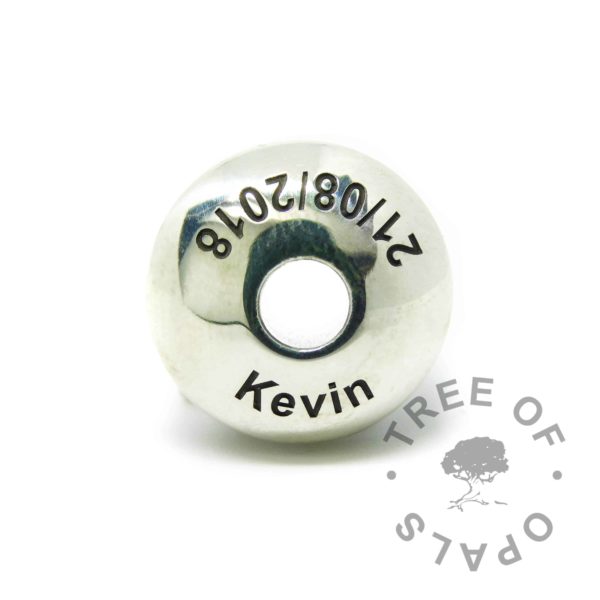 Arial font engraved charm washer. Handmade with solid sterling EcoSilver, 925 stamped on the back. Watermarked copyright Tree of Opals memorial jewellery image