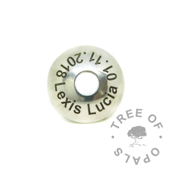 charm washer Arial font with name and date