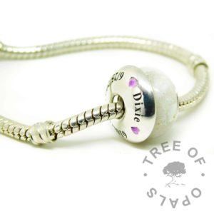 charm bead with unicorn resin sparkle mix, and an engraved charm washer on a Pandora bracelet style chain