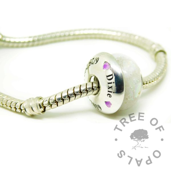 charm bead with unicorn resin sparkle mix, and an engraved charm washer on a Pandora bracelet style chain