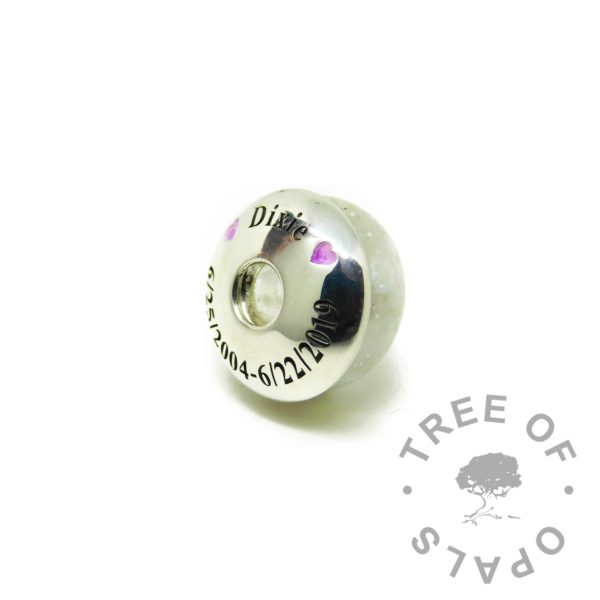 engraved charm washer side - Times New Roman font, hearts with pink/purple cold enamel
