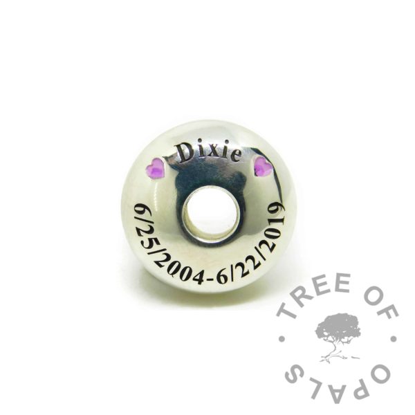 cold enamel engraved charm washer side - Times New Roman font, hearts with pink/purple cold enamel - front view
