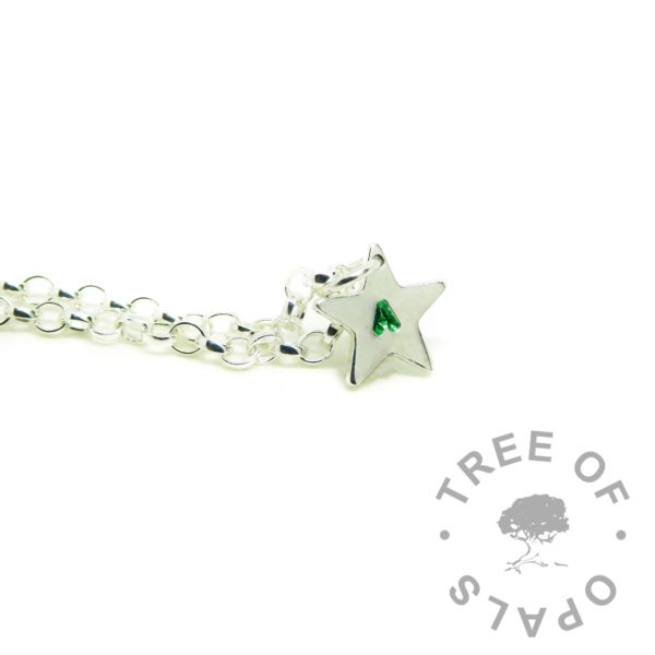 small star pendant with letter handstamped, and medium classic chain upgrade. The handstamping has green tinting
