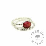 red ashes ring, dragon's blood red resin sparkle mix, bubble wire Argentium silver band. Shown with a bubble wire slim stacking band