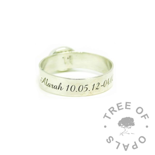 6mm shiny band engraved in Amazone BT font on the outside of the band. Child memorial ring