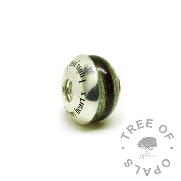 aqua hair charm, lock of hair charm bead with Angelic aqua resin sparkle mix. Shown with an engraved washer