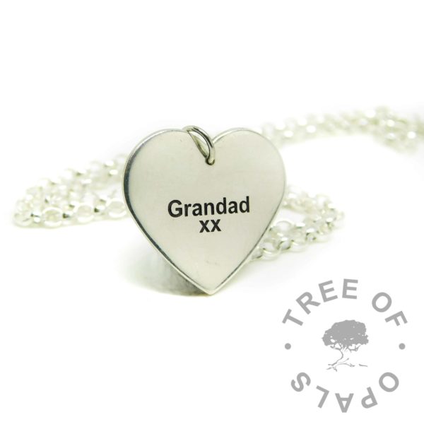 medium heart pendant with engraving in Arial font. Shown with classic medium necklace upgrade