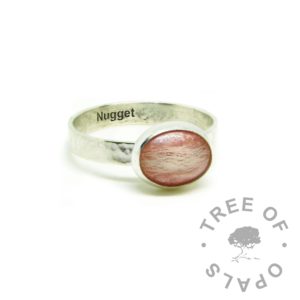 pink hair ring Nugget, lock of hair ring on textured band with Arial font engraving on the inside. Fairy pink resin sparkle mix and naturally blonde fur. Pet memorial ring