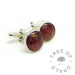 lock of hair cufflinks with Dragon's Blood Red Resin Sparkle Mix, white/clear see-through hair, two pairs
