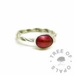 red hair ring, lock of hair ring on twisted band. Dragon's blood red resin sparkle mix