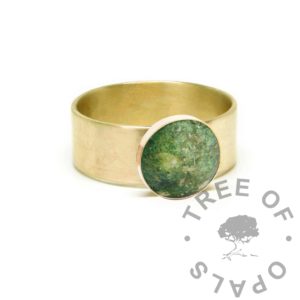 chunky gold ashes ring with green resin sparkle mix. 6mm wide solid 9ct yellow or rose gold. Handmade and hallmarked at the Birmingham Assay Office. Image mockup