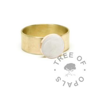 chunky gold breastmilk ring classic, no sparkles or boobie awards. 6mm wide solid 9ct yellow or rose gold. Handmade and hallmarked at the Birmingham Assay Office. Image mockup