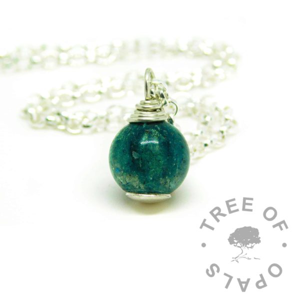 teal ashes jewelelry necklace. Mermaid teal resin sparkle mix cremation ashes orb necklace with medium heavy classic chain upgrade