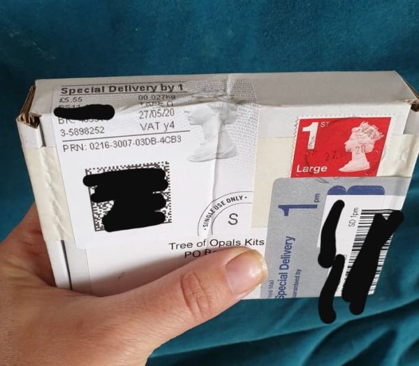 Example of a kit sent correctly, using Special Delivery. The client wrote their own address on the back for a return address. They paid £5.55 because the Post Office took off the value of the stamp